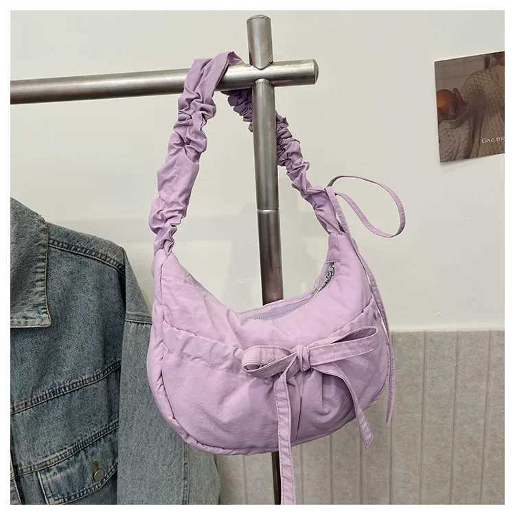 Pleated Strap Womens Sweet Bow Shoulder Bag Solid Color Female Underarm Bags Soft Nylon Ladies Portable Tote Purse Handbags Z250617