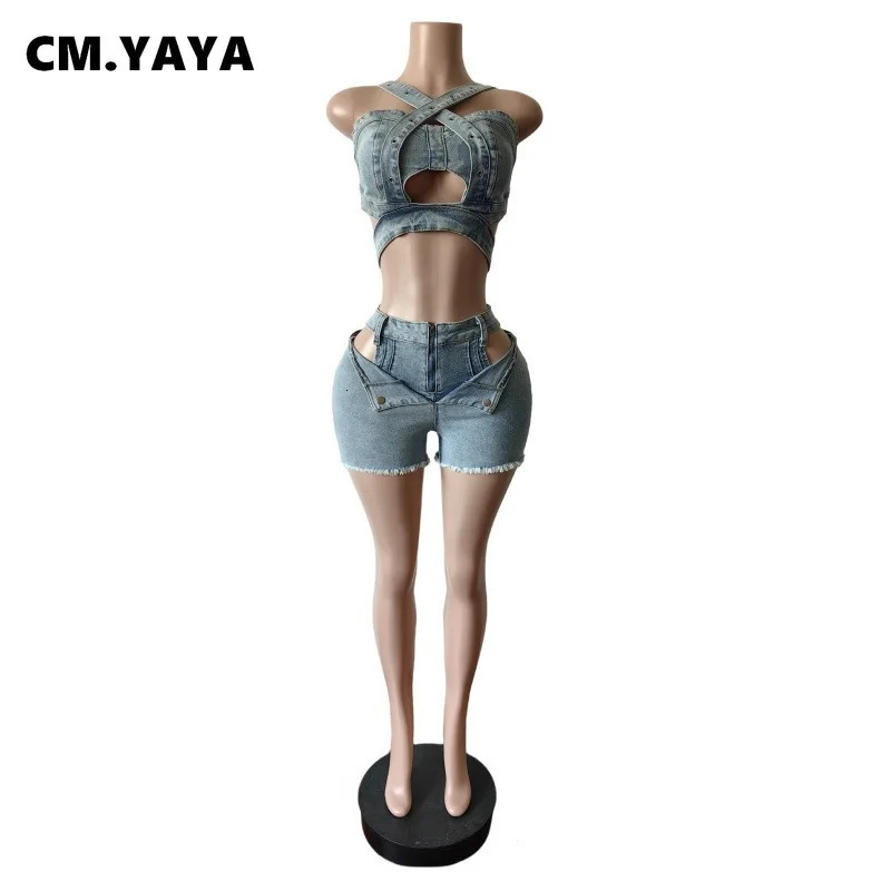 CM.YAYA Fashion Denim Cutout Womens Set Wrap Strap Crop Top and Shorts Jeans 2025 Summer Two 2 Piece Sets Outfits Tracksuit 250614