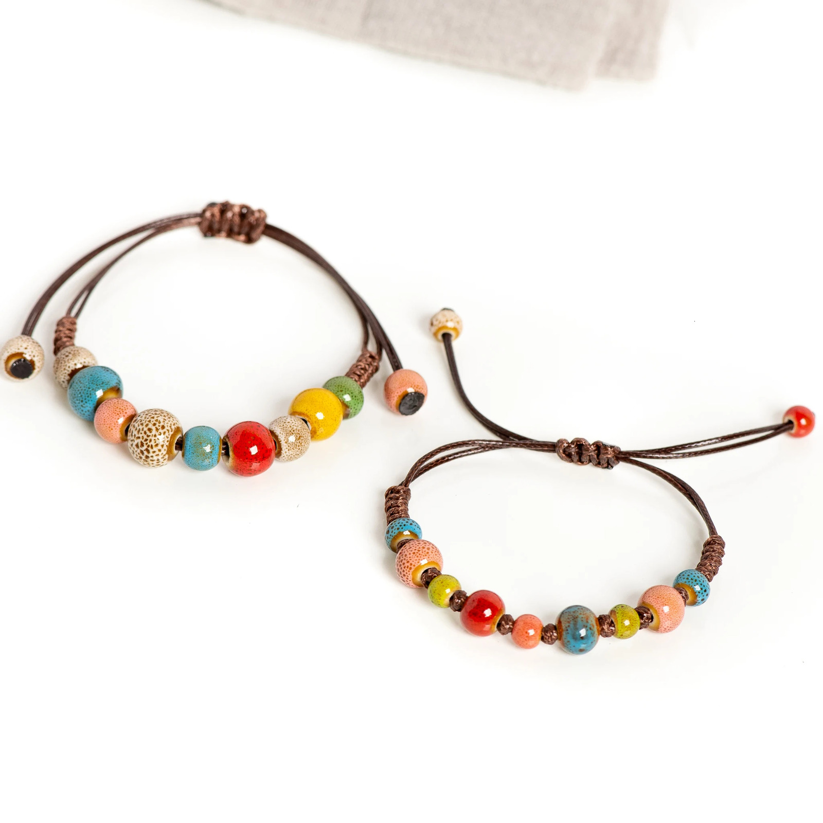 Bohemian Ceramic Bead Bracelet with Adjustable Cord 15-25cm for All Wrist Sizes 250616