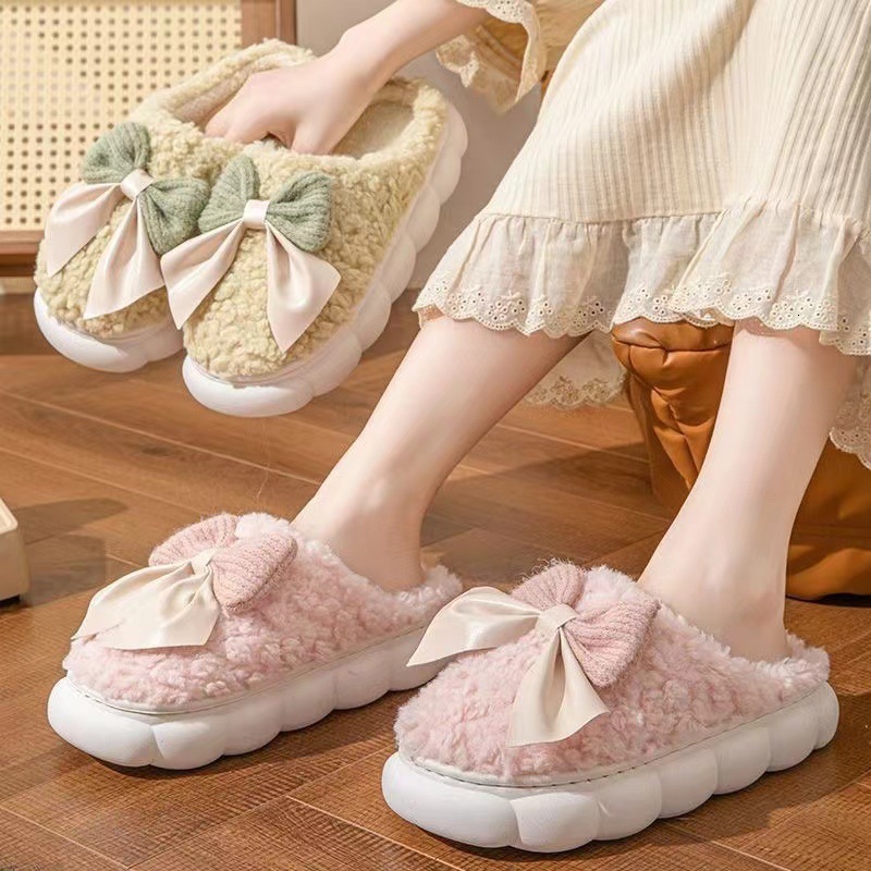 Women's cotton slippers autumn and winter indoor anti slip warm shoes, new cute plush bow high heels cotton slippers, designer shoes