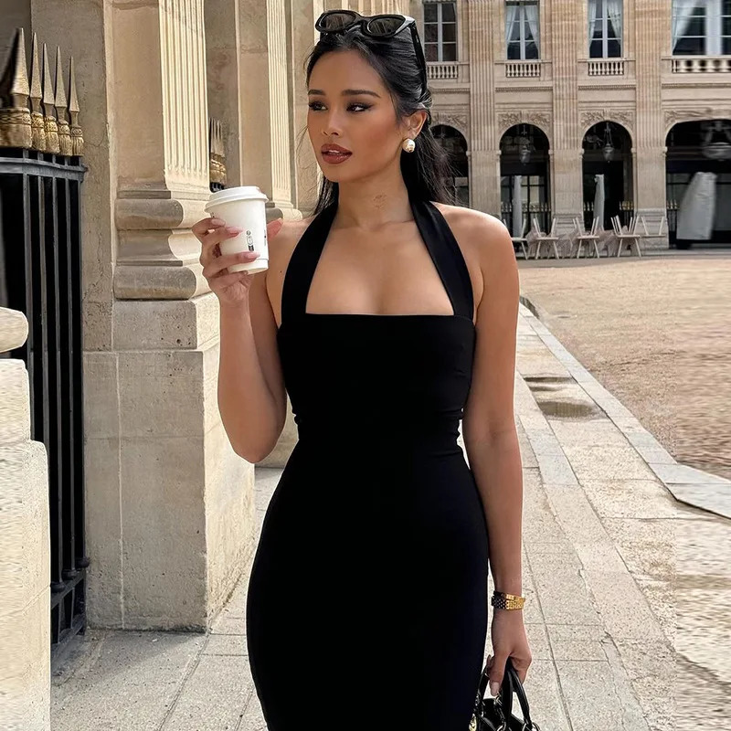 Elegant Halter Black Backless Sexy Bodycon Maxi Prom Dress Summer Women Y2K Clothes Wedding Birthday Party hanging neck backless 250617