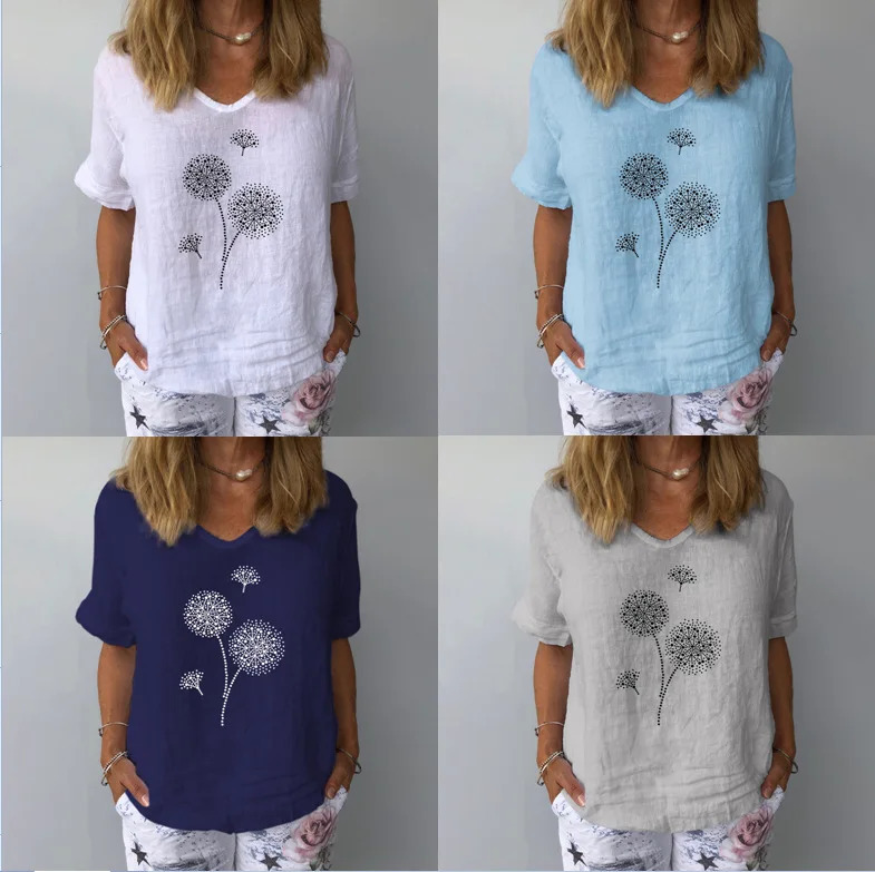 Women Solid Colour Cotton Linen Blouse Top Summer Casual Harajuku Fashion T-shirt Print Loose Blouse Women Tops Streetwear 250614