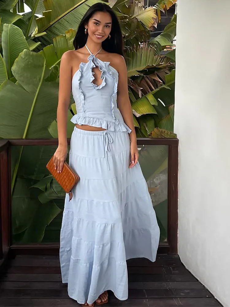 Elegant Ruffle Hollow Out Top Skirt Womans Set Vintage Sleeveless Halter Slim Tops High Waist Skirts Sets Female Beach Outfits 250616