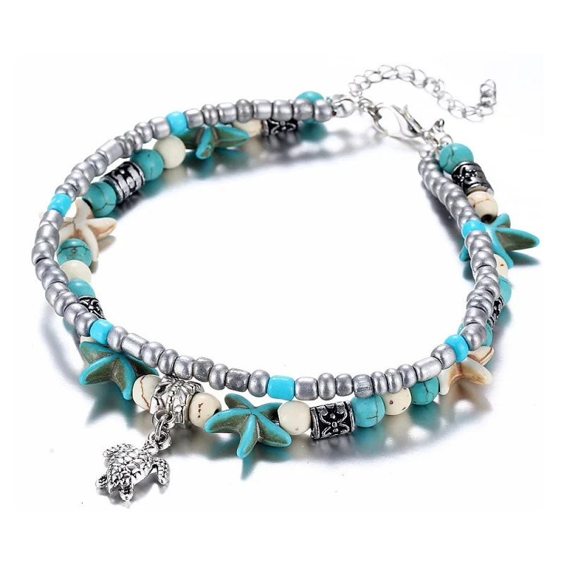 Beach Boho Wave Sea Star Dolphin Turquoise Bead Turtle Foot Chain Anklet For Women Jewelry 250606