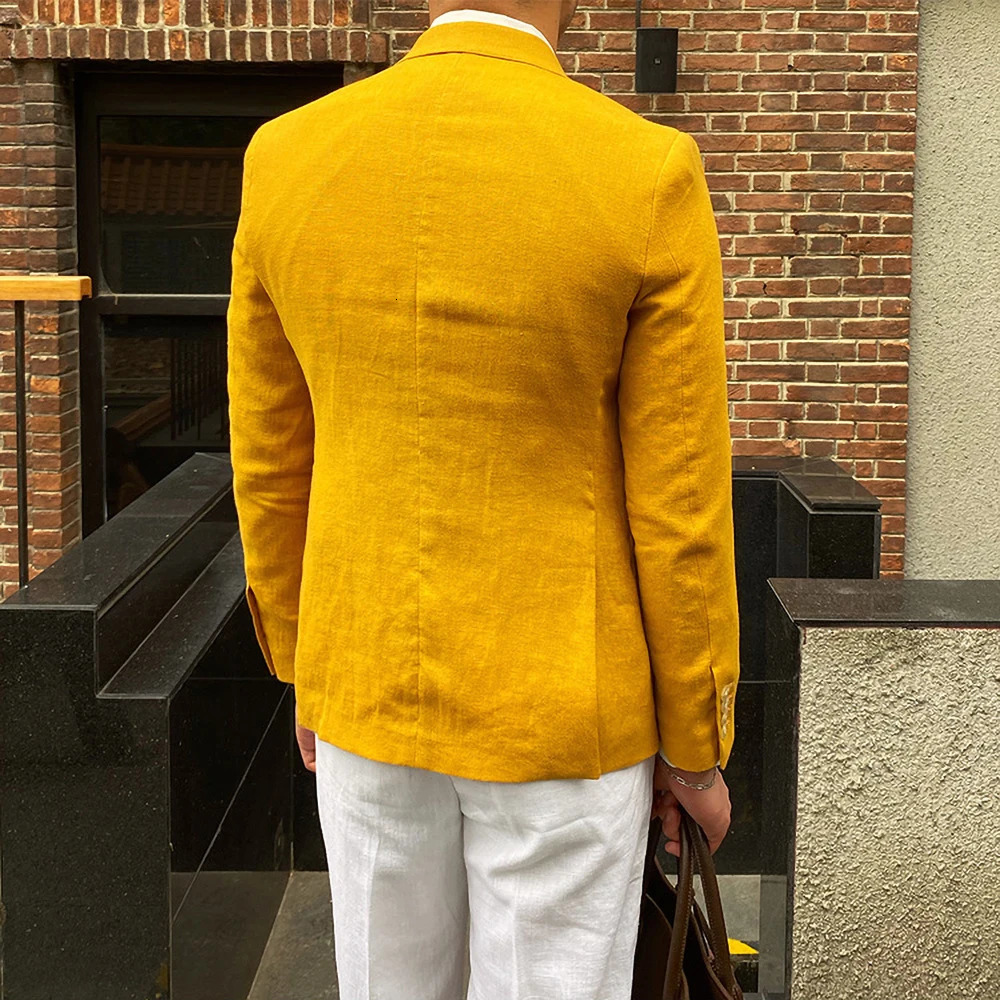 Summer Linen Men Blazer Casual Metal Double Breasted Men Suit Jacket Business Office Social Daily Custom Slim Coat 250617