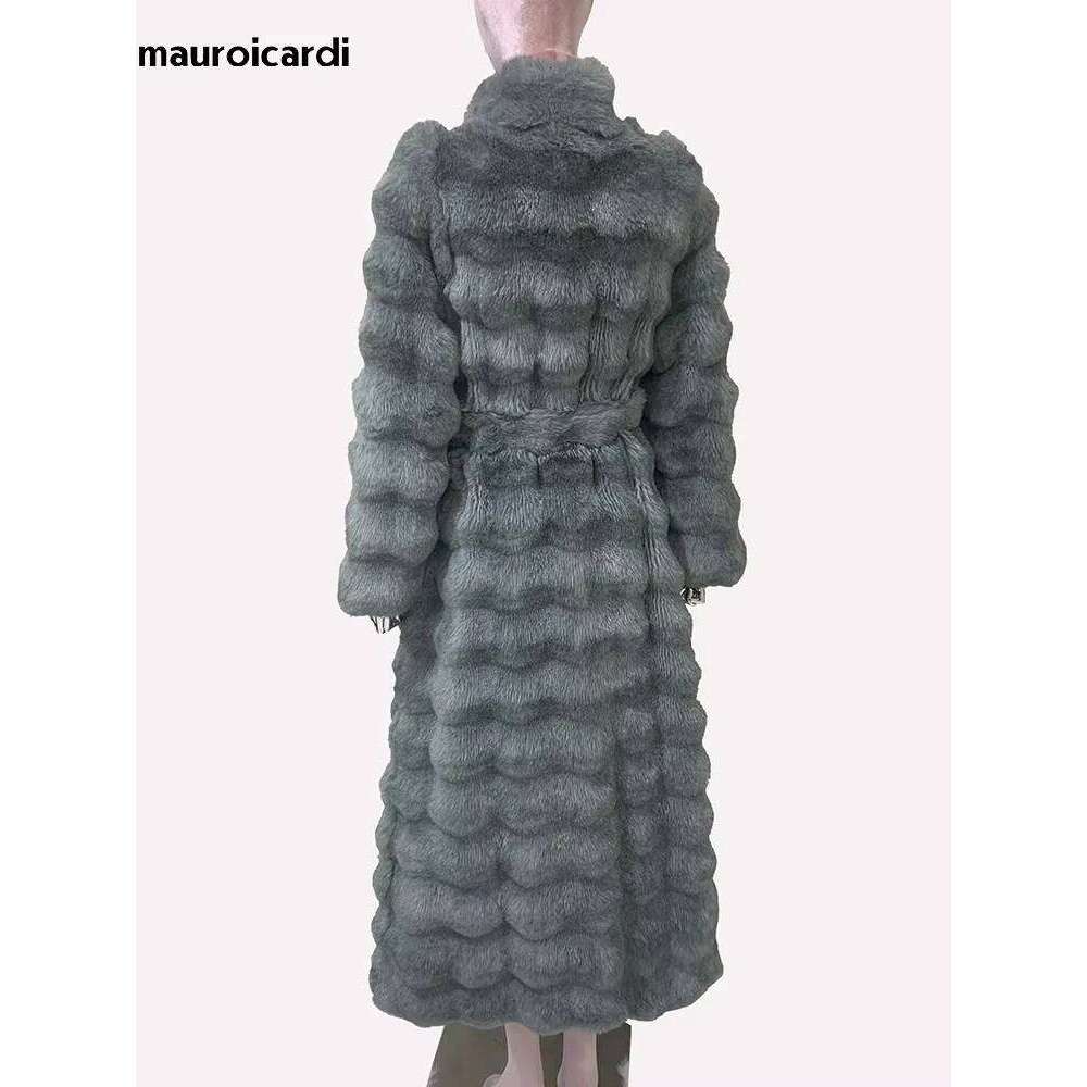 Mauroicardi Winter Extra Long Thick Warm Striped Soft Fluffy Faux Chinchilla Fur Coat Women Elegant Chic Furry Overcoat