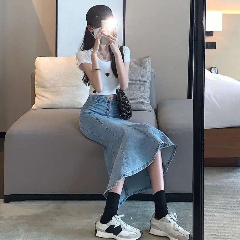 Woman Denim Skirt Sexy Jeans Skirts for Women Gyaru Blue Coquette with Slit Clothing Sales Vintage Korean Style Luxury Elegant V