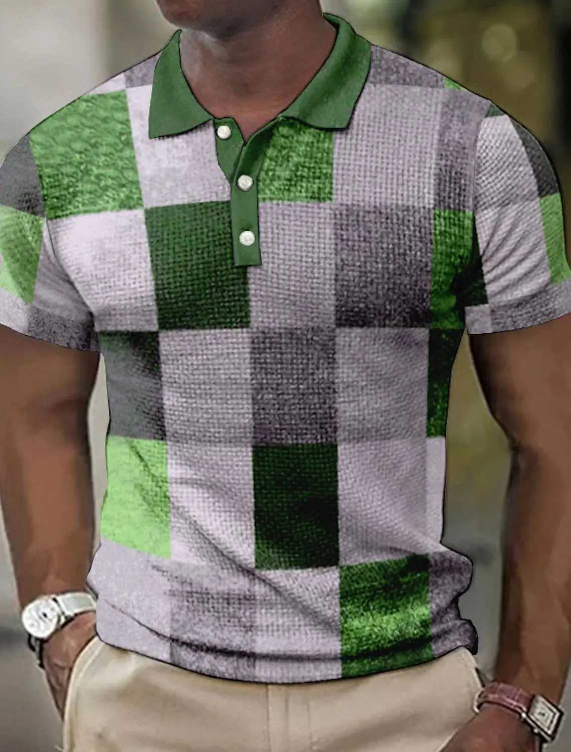 Mens Polo shirt lapel Polo button shirt color block plaid 3D pattern printed cuff outdoor street short-sleeved printed clothingXJ250617