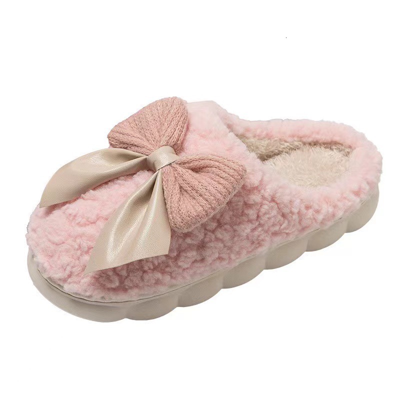 Women's cotton slippers autumn and winter indoor anti slip warm shoes, new cute plush bow high heels cotton slippers, designer shoes