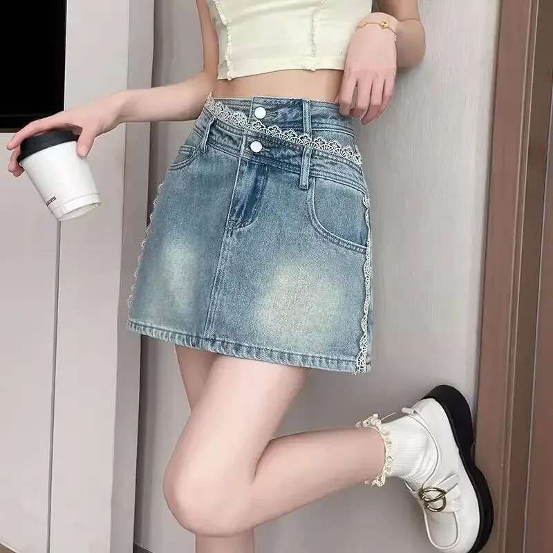 Vintage Lace Splicing Light Blue Jeans Skirts for Women Cheap Harajuku Y2k Modest Korean Style Premium Fashion Woman Denim Skirt