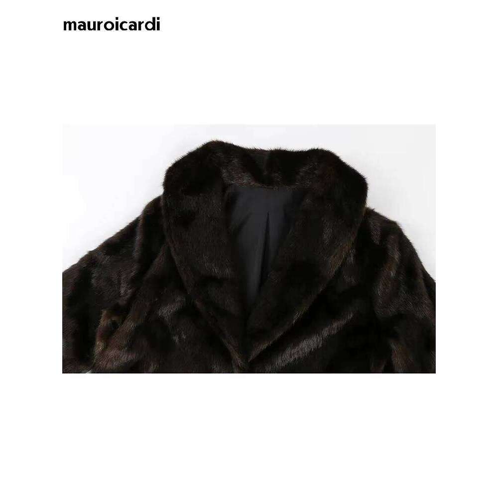 Mauroicardi Winter Extra Long Thick Warm Brown Fluffy Faux Mink Fur Coat Women Shawl Collar Elegant Vintage Overcoat 2025