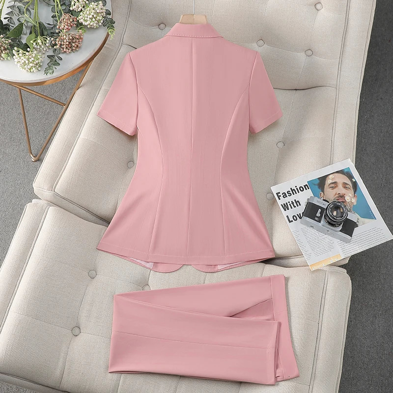 ZJYT Fashion Spring Summer Pant Suit Women Office Business Formal Short Sleeve Blazer Trousers Set 2 Piece Outfit Pink Plus Size 250612