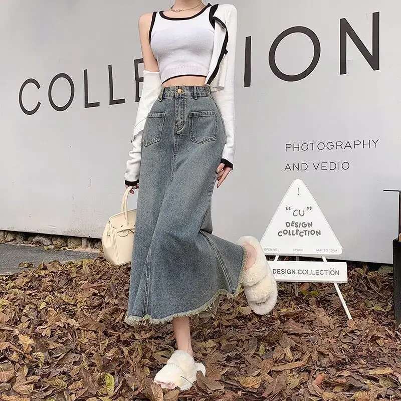 Korean Style Premium Fashion Blue High Waist Jeans Skirts for Women Stylish Modest Aesthetic Luxury Elegant Woman Denim Skirt