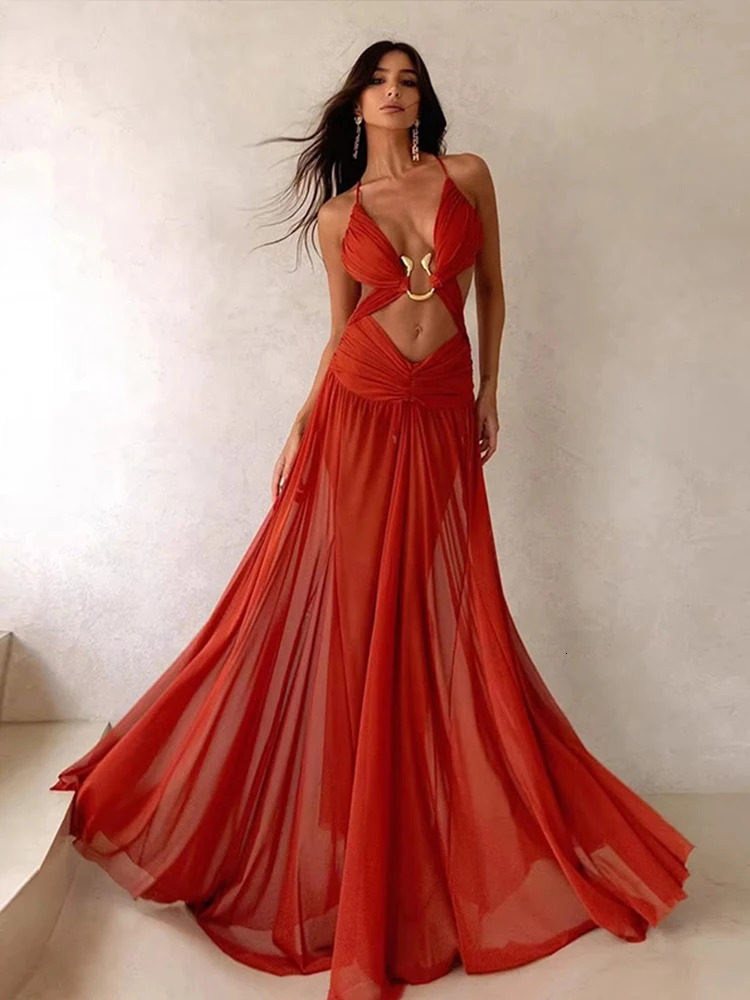Sexy Hollow Out Party Dress Sleeveless Backless Mesh Maxi Female Evening Dresses 2025 Spring Summer Club Beach Slip Lady Robe 250616