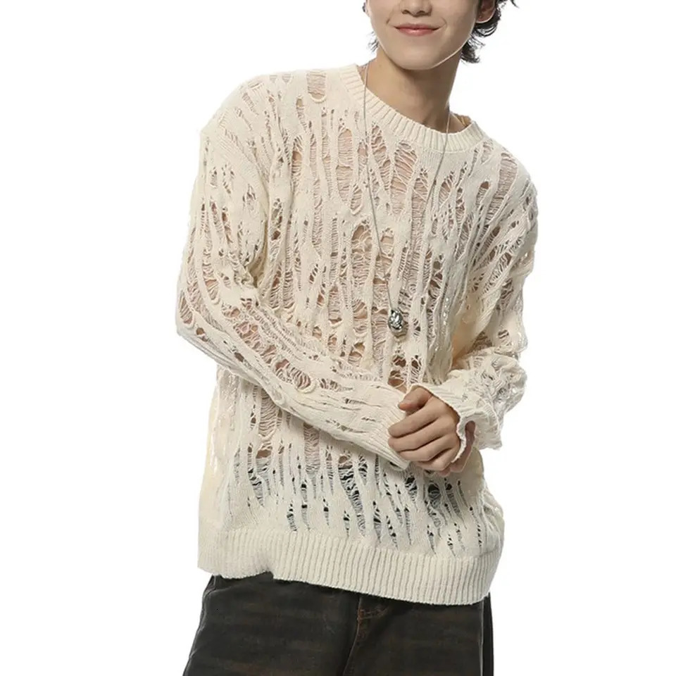 Mens Autumn Hollow Out Hole Long Sleeve Sweater Fashion Retro Knitted Top Sweaters Casual Loose Pullover Tops 250617