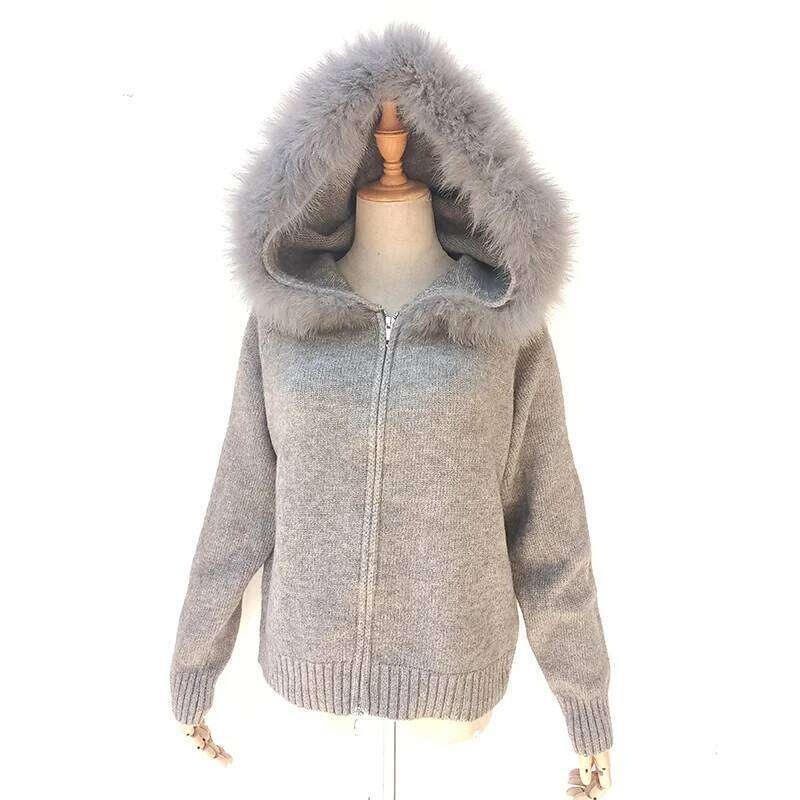 2025 Women Spring Knitted Hooded Cardigans Real Fox Fur Stripe Long Sleeve Warm Cardigan Sweater With Zipper