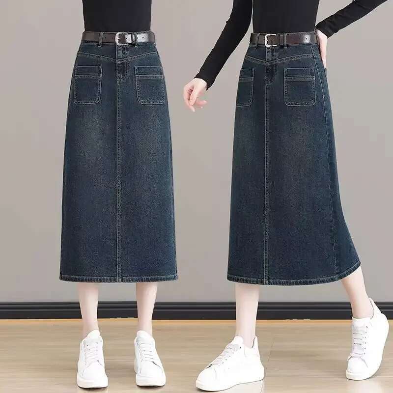 Vintage With Pocket Midi Jeans Skirts for Women Premium Clothing Sales Harajuku Streetwear Chic and Elegant Woman Denim Skirt