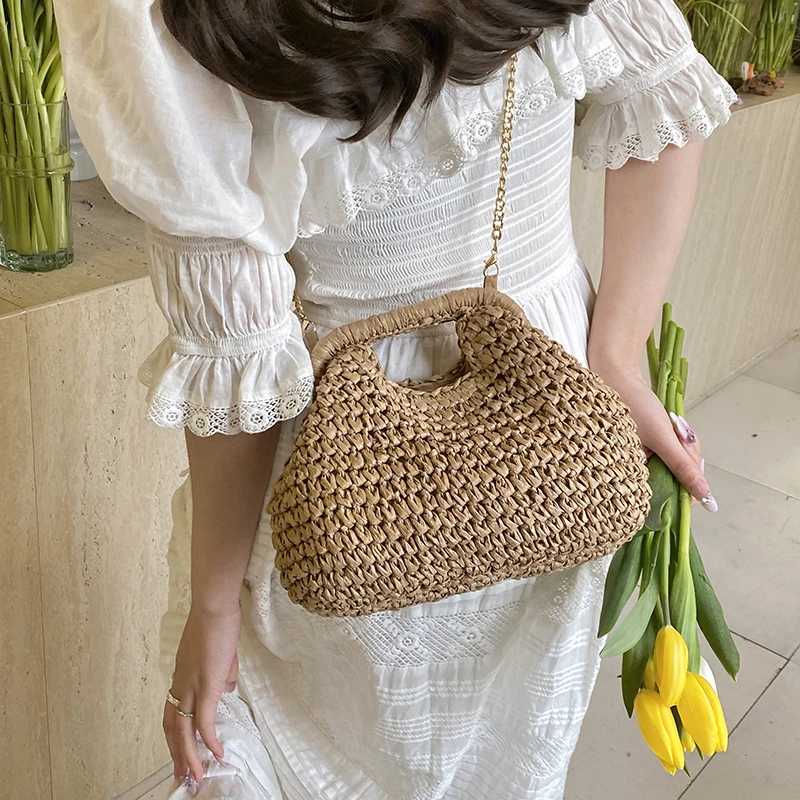 MOODS Raffia Straw Fabric Woven Top-handle Bag And Hat Set For Women Chain Shoulder Crossbody Bag 2025 Summer New Beach Handbags Z250617