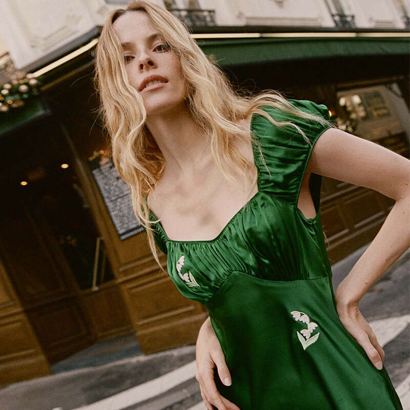 Designer Dresses for Women Bodycon Dresses for Women 793 Summer New 2025 Green Square Neck Silk Embroidered Satin Mid-length Slim Fit French Style Dre