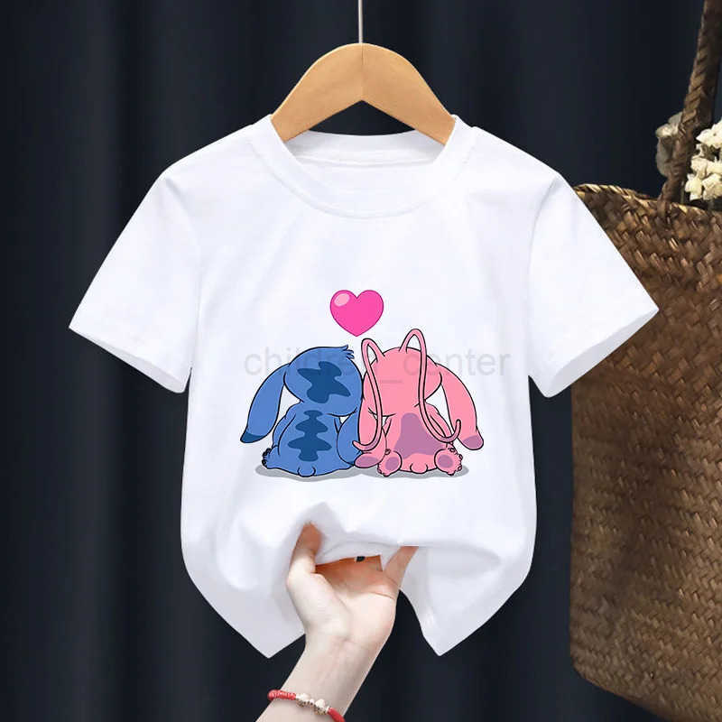 Disney Lilo Stitch Childrens Clothing Short Sleeved Disney T-shirt Anime Movie Character Tops Summer New Products Sweat Absorption W250617