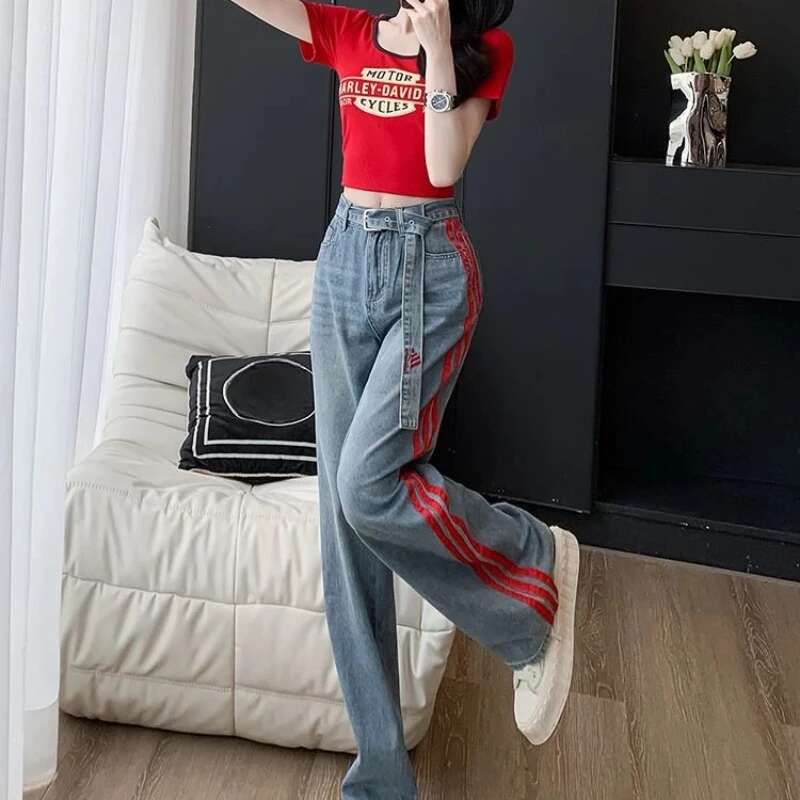 Loosefit Female Cowboy Pants with Print Womens Jeans Grunge Y2k Emo 90s Streetwear Trend 2025 Wholesale Shiny Vibrant Trousers