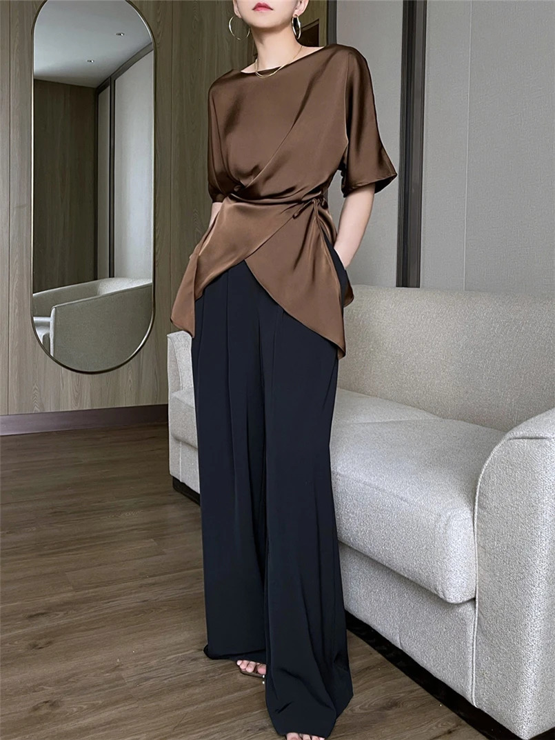 Half Sleeve Chic Woman Blouse Summer Tops Belt Irregular Womens shirt Blouses seda blouse blusas elegantes femeninas 250614