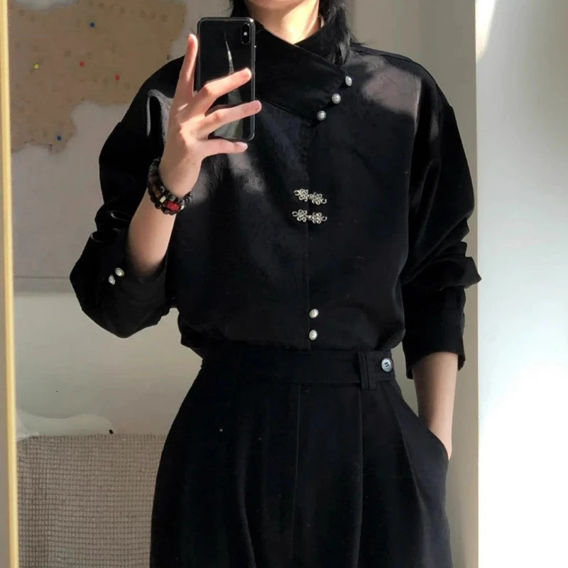 Style National Style Satin Irregular Dark Pattern Stand Collar Trendy Retro Metal Plate Button Long-sleeved Shirt for Men Women 250616