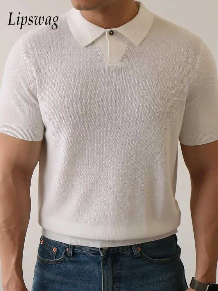 Stylish Solid Color Slim Fit Mens Knit Polo Shirt Summer Vintage Polo Neck Buttoned Tops For Men Daily Casual Short Sleeve Polos XJ250617