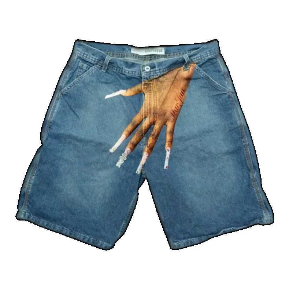 Y2K Baggy Denim Shorts Harajuku Blue vintage Finger Print Hip Hop Summer New Men Women Gothic Men Basketball Shorts Streetwear Z250617