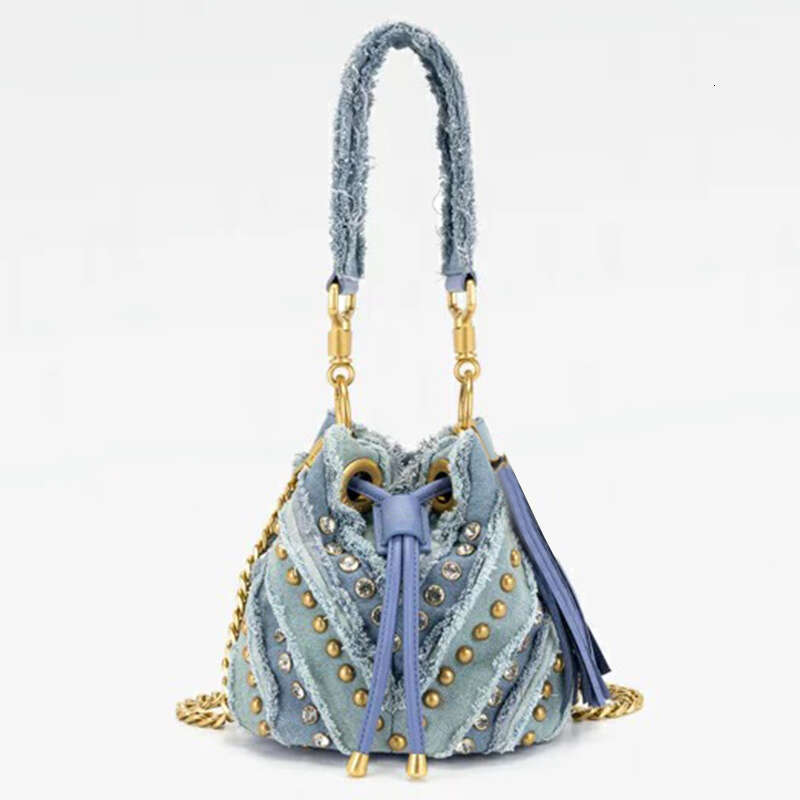 Niche Design Rivet Quilted Denim Drawstring Single Shoulder Bucket New Trendy Women s Bag