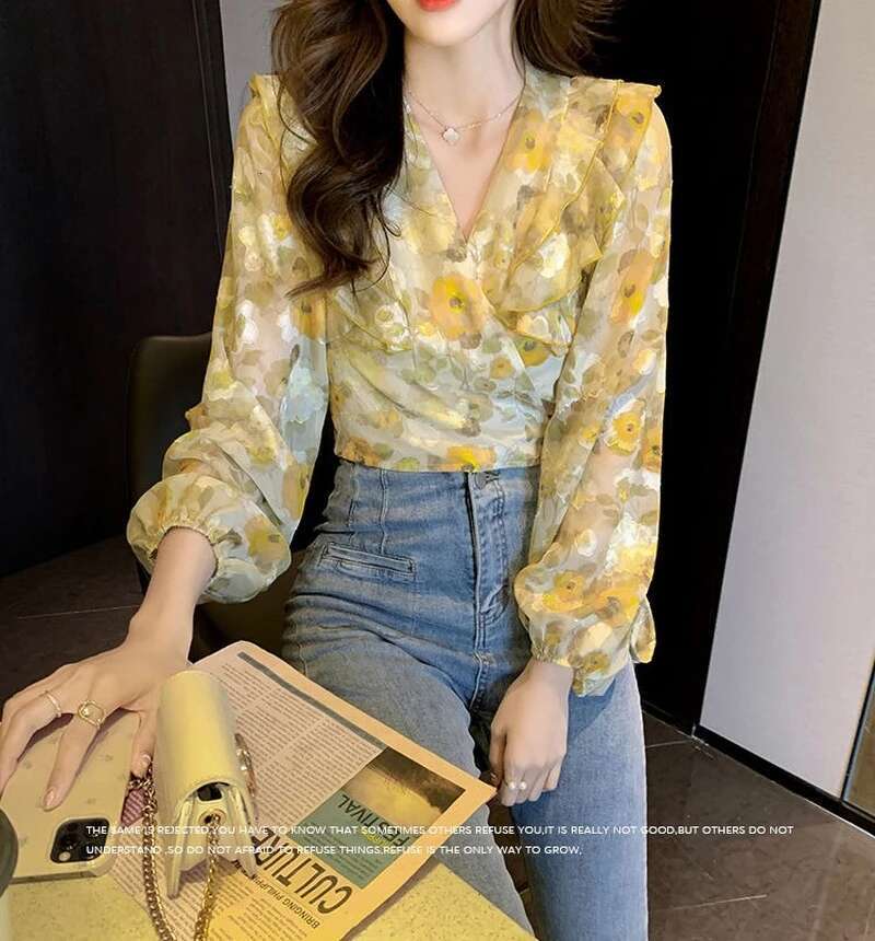 Top For Woman Chiffon Clothing Floral With Bow Womens Shirts And Blouses Long Sleeve Ruffle Frill Offer Stylish M Xxl Y2k