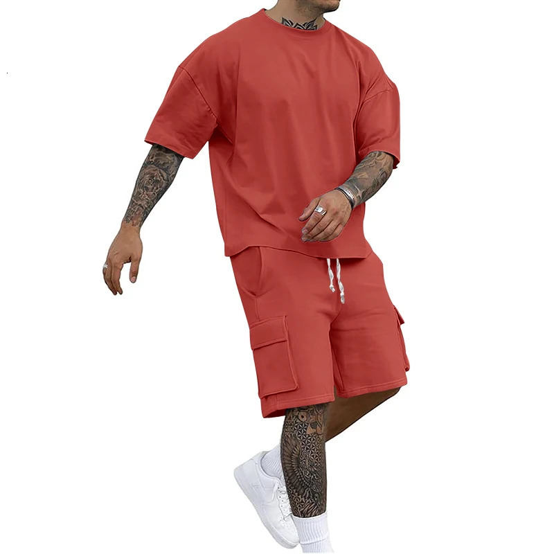 Summer mens round neck short sleeve T-shirt shirt shorts two-piece suit loose large size ice 250616