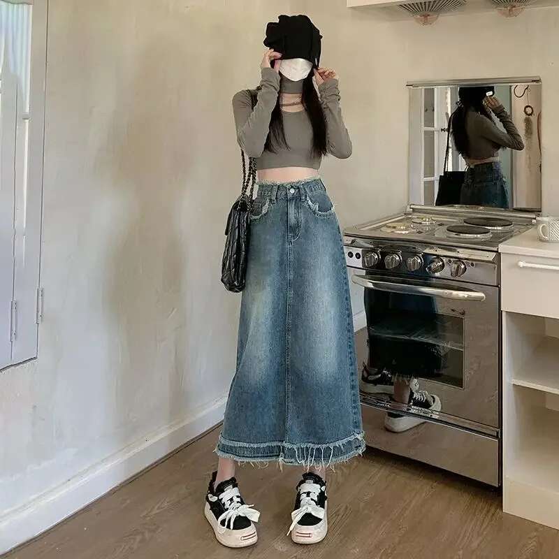 Jeans Skirts for Women Long High Waist Maxi Premium Korean Style Modest Casual Vintage Chic and Elegant Luxury Woman Denim Skirt
