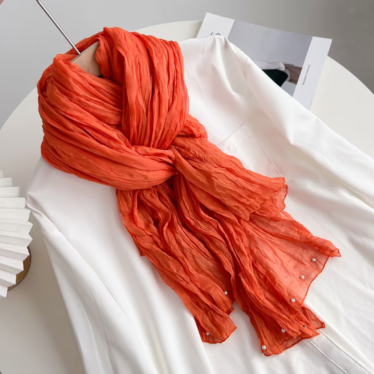T993 double-layer wrinkled chiffon beaded scarf solid color long pleated shawl spring and summer retro sunscreen silk scarf