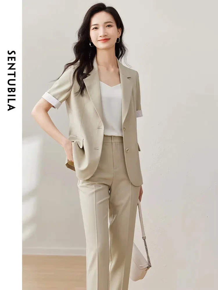 SENTUBILA Summer Blazer Pants Suit Women Short Sleeve Jacket Pencil Cropped Pant Office Lady TwoPiece Set 132Z49796 250612