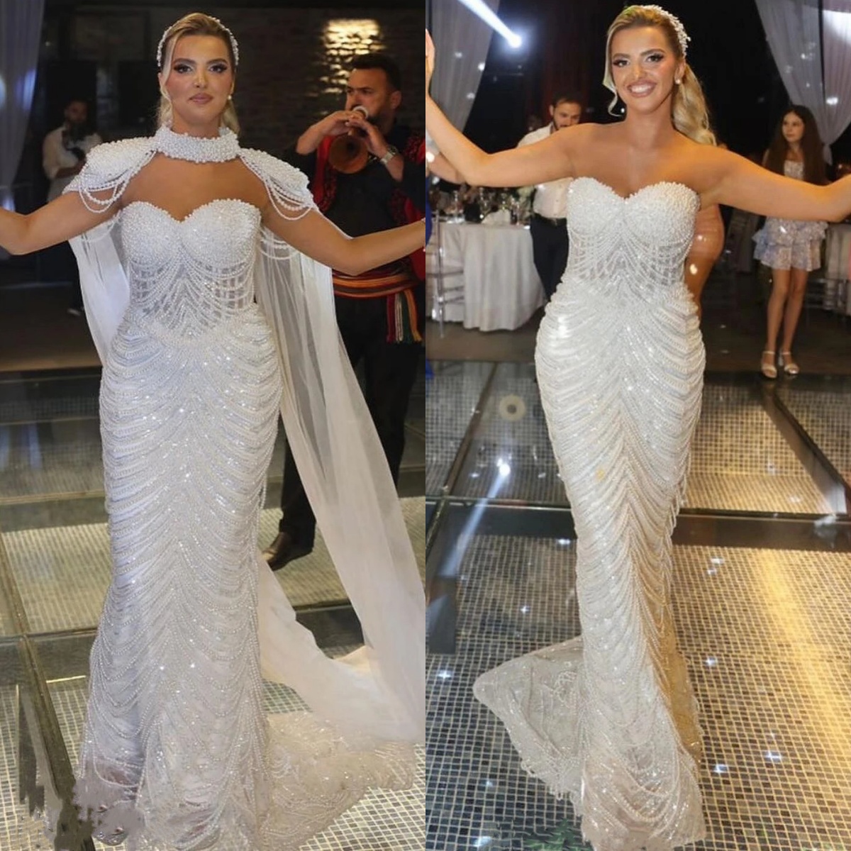Luxury Wedding Dresses Pearls Strapless Bridal Gowns with Cape Sleeves Sequins Beading Tassel Mermaid Customized Bride Vestidos De Novia Plus Size
