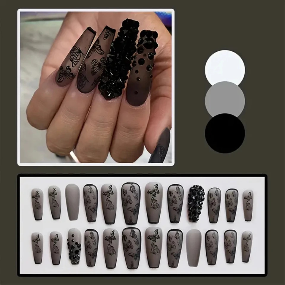 Beautiful and elegant matte black coffin fake nails adorned with stunning 3D rhinestone butterfly - long press on artific 250612
