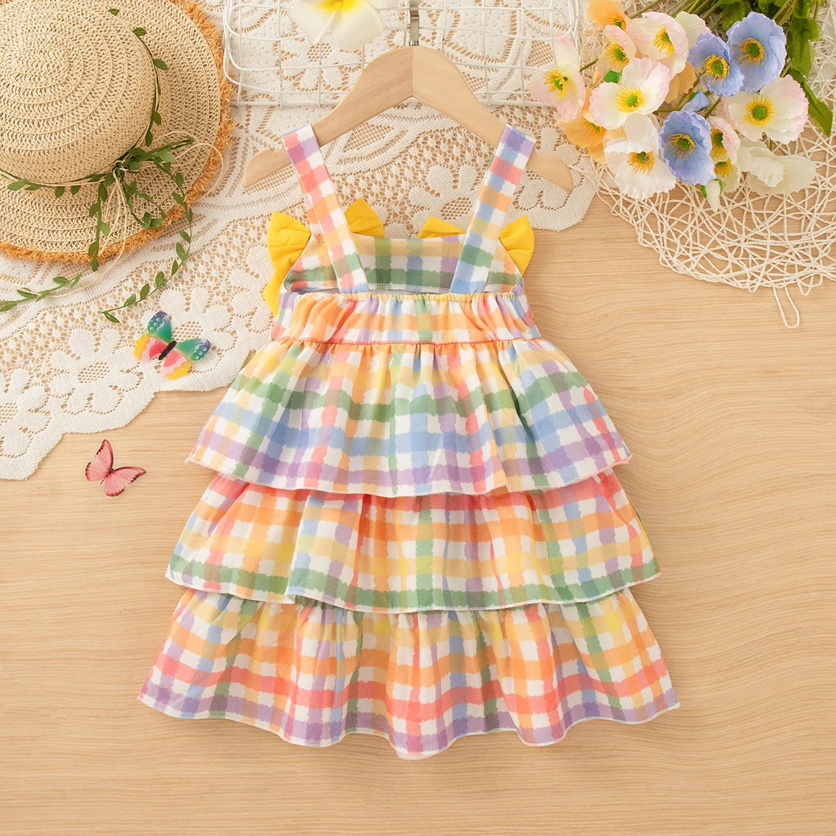 Yellow Bow Sling Baby Girl Dress Summer Colorful Checkered ChildrenS Clothing 6 Months -3 Years Old 250617