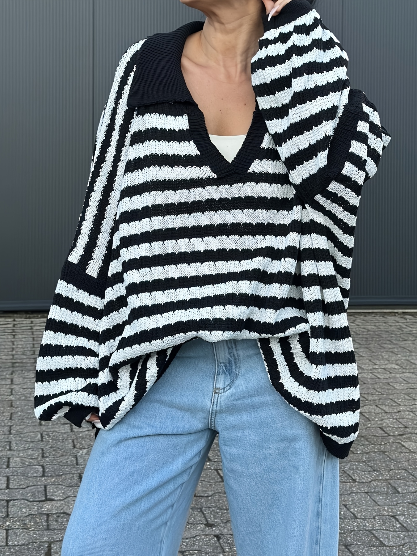 Lazy wind V-neck contrast striped T-shirt autumn and winter ladies sweater plus size slim bottom cover shirt top