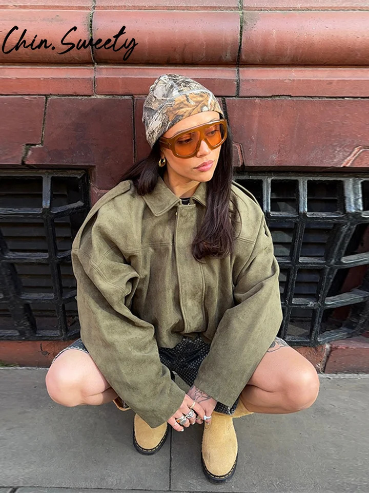 Vintage Suede Solid Women Jacket Casual Lapel Zippers Covered Button Female Coats 2025 Spring Autumn Street Lady Outwear 250614