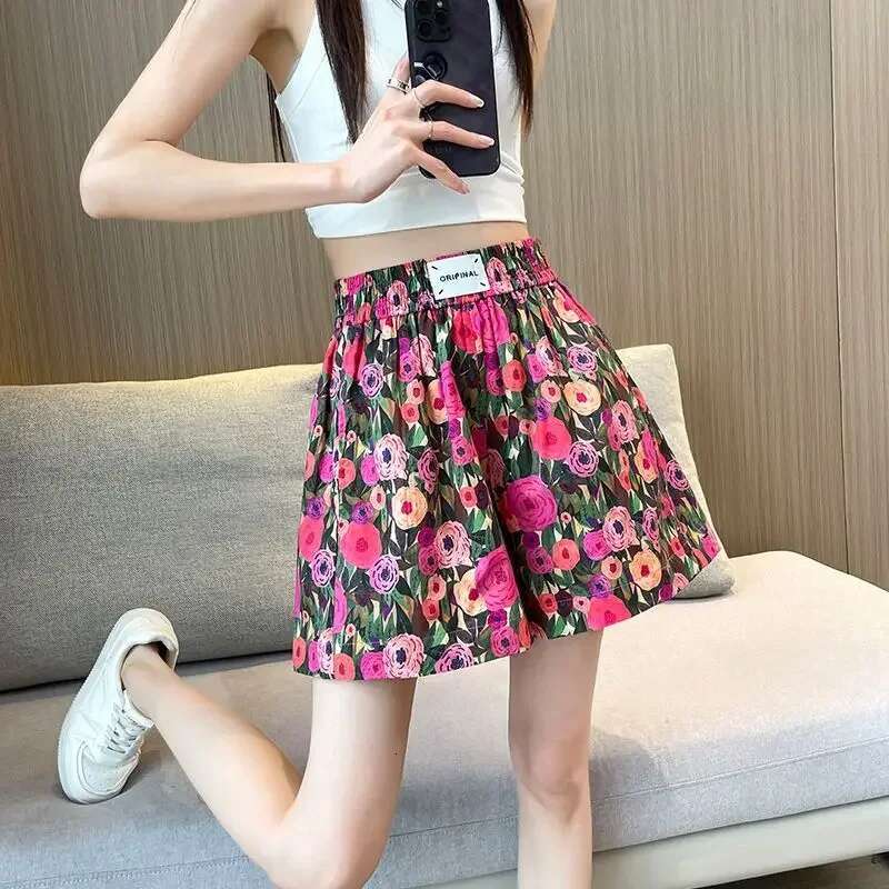 Shorts for Women High Waist Loose Blue Baggy Print Y2k Harajuku Stretchy Flowy New in 2000s Clothes Kpop Jorts Woman Short Pants