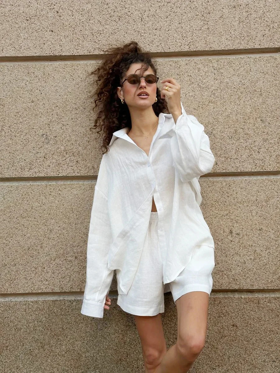 Wolfeel Womens Casual Shorts Sets 100% Cotton Solid Color Cozy Lapel Long Sleeve Shirt Summer Elastic Waist Shorts Suits 250616