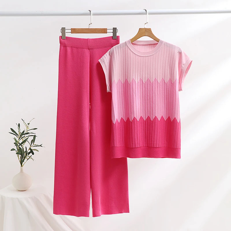 Casual Gradient Summer Knit Pants Sets Women Loungewear 2 Piece Pajama Women Set Knitted Tank Top Two Piece Set For Women 2025 250616