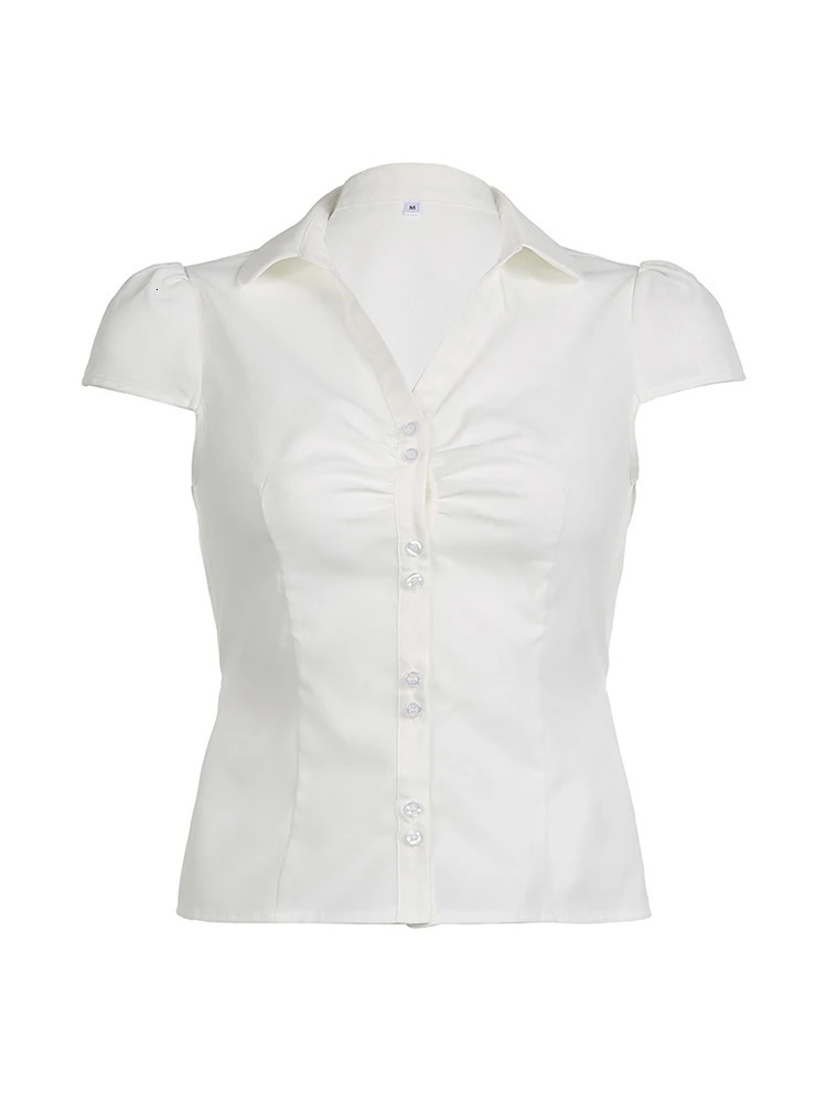 Solid Shirring Button Up Turn Down Collar Short Sleeve White Shirts Women Simple Casual Summer Clothes 250616