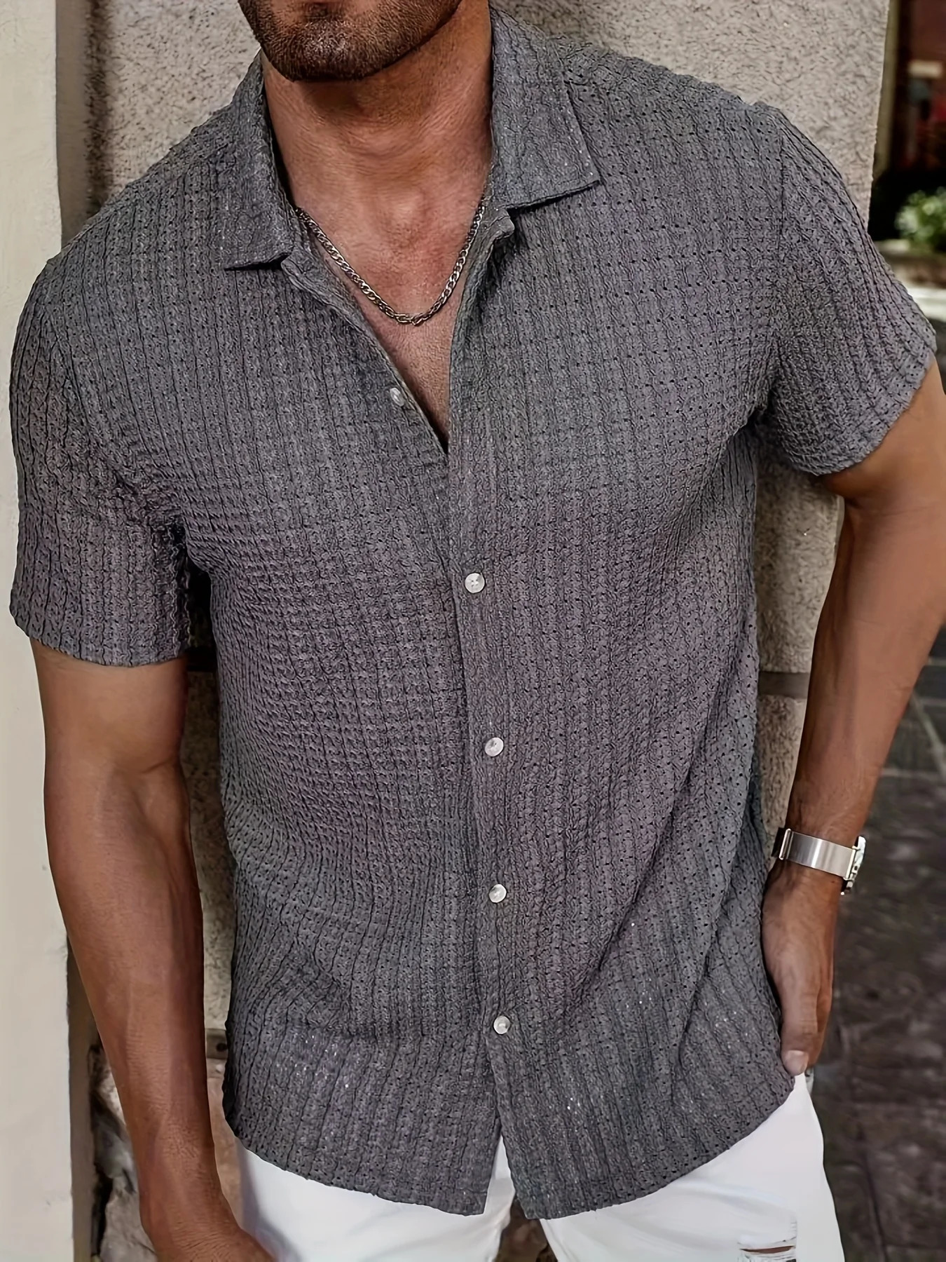 Mens Clothing Breathable And Fashionable Causal Short-Sleeved Shirts Lapel Solid Color Buttons Decorations Man Shirts 250614