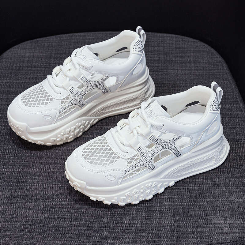 Hollow Breathable Mesh Dad Shoes New 2025 Summer New Thick-Soled Versatile Casual Sports Super Popular White Sneakers For Women