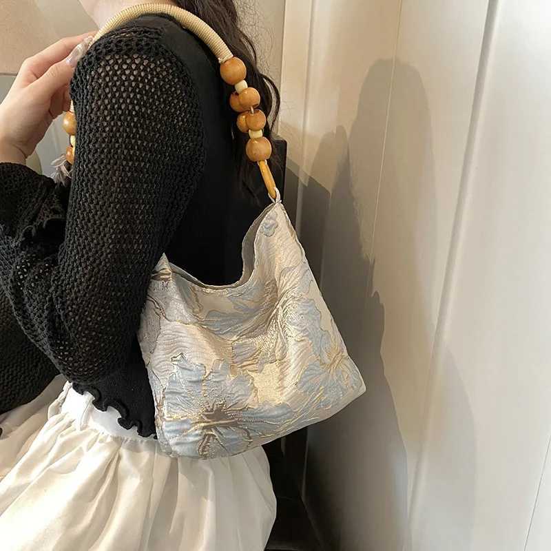 Chinese Style Elegant Womens Shoulder Bags Embroidery Ladies Bamboo Beading Top-handle Bag Casual Female Bucket Tote Purse Z250617