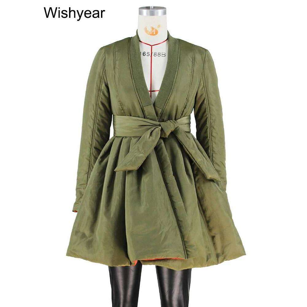 Fashion Women Fall Winter Wrap V Neck Sashes Birthday Night Club Party Green A-line Dresses with Bandage Warm Caots Parkas Robe