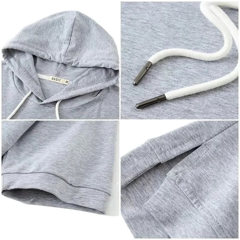 Autumn Solid Color Hooded Versatile Womens Top Summer Short Sleeved Sweatshirts Female Y2k Outdoor Casual Pullovers Hoodies 250612