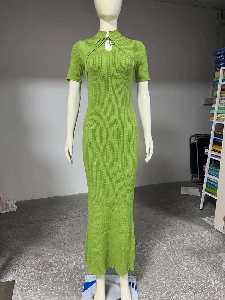 Tossy Knit Hollow Out Lace-Up Dress Female Ribbed Short Sleeve Patchwork High Waist Elegant Long Dress Womens Knitwear Dress 250616